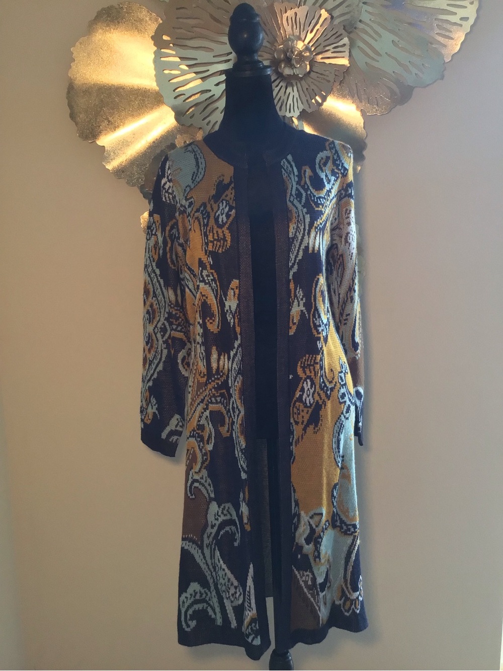 BELLDINI Navy/Mustard/Light Blue Paisley Patterned Women’s Cardigan, Size S